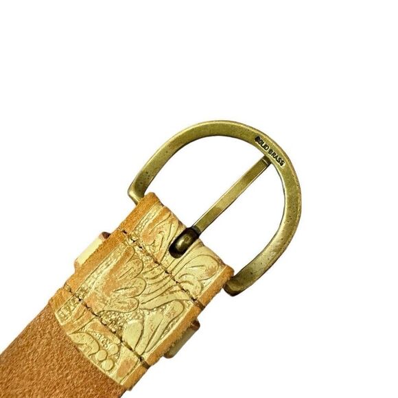Gap Leather Embossed Belt Tan Cream Gold Design Vintage Solid Brass Buckle Small - Picture 3 of 5